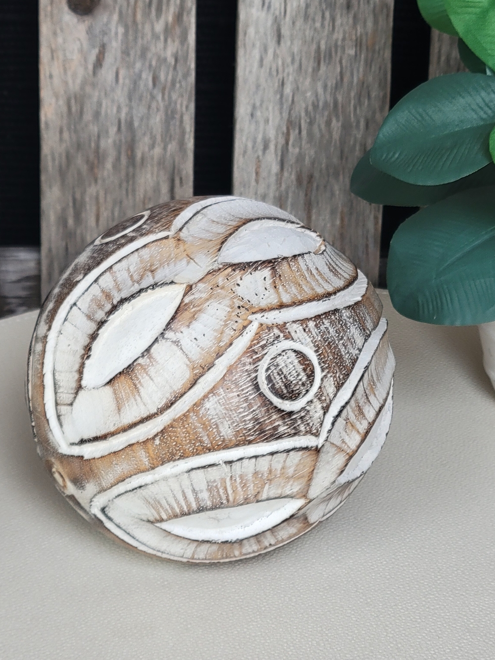 Hand-Carved Decorative Wood Sphere - White and Brown Home Accent - Picture 2 of 4